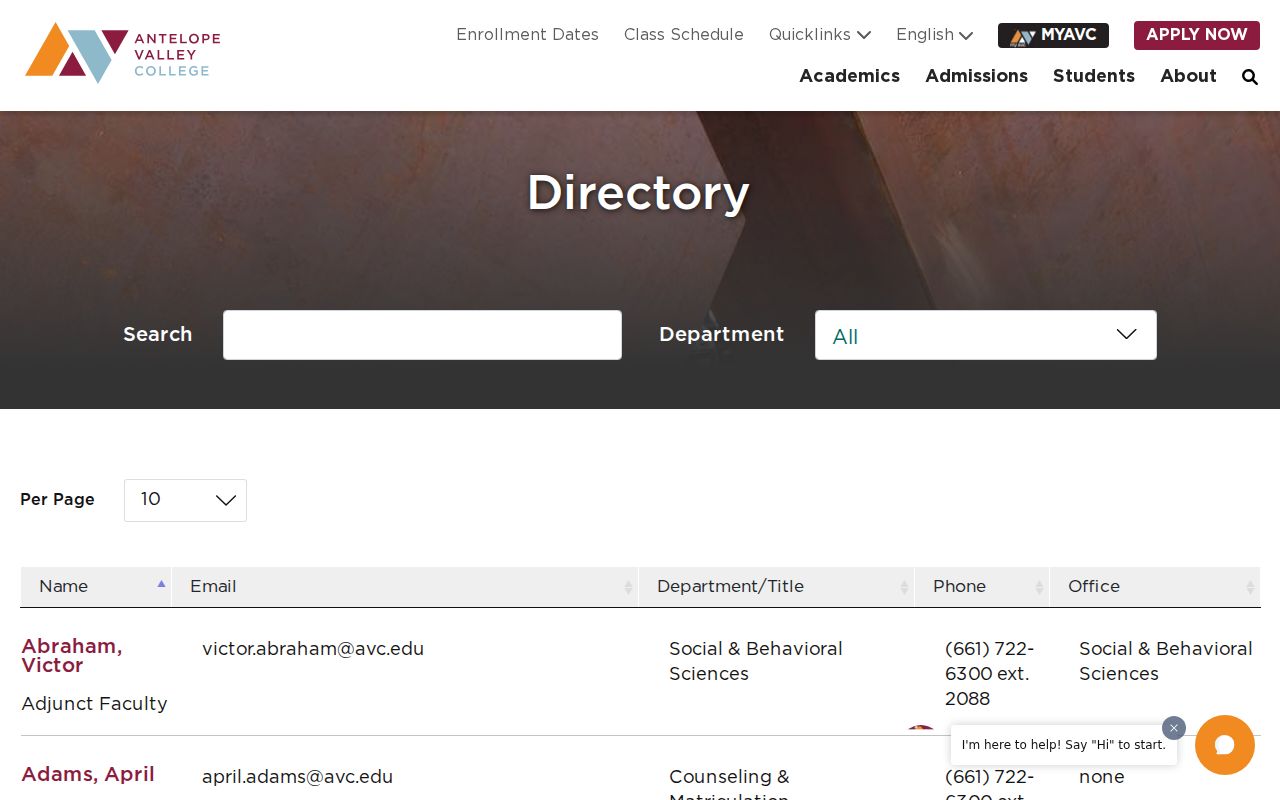 Lancaster people directories screenshot of Antelope Valley College employees