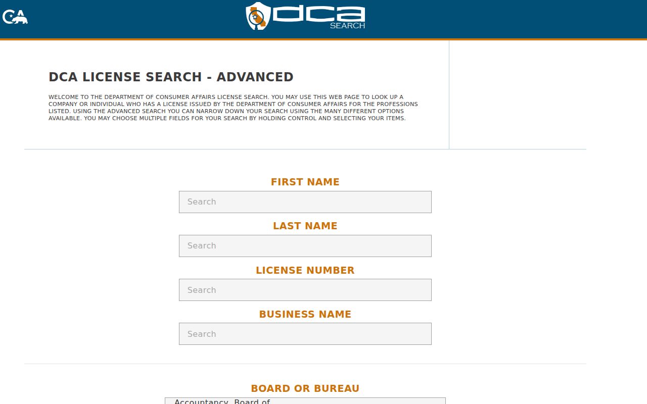 Lancaster people directories screenshot of California DCA license search fields