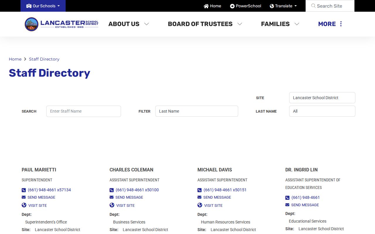Lancaster people directories screenshot of Lancaster School District staff entries