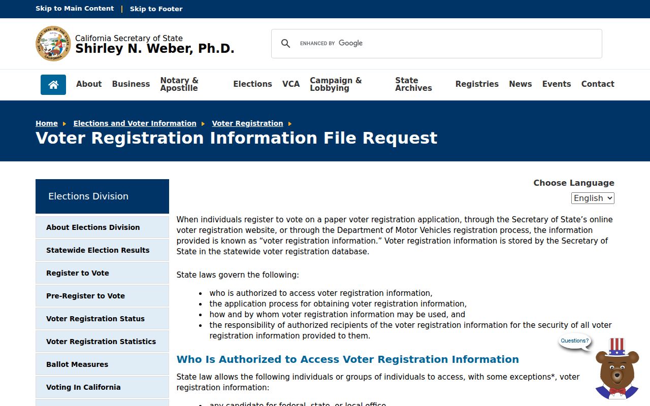 California voter registration file request page for Lancaster records