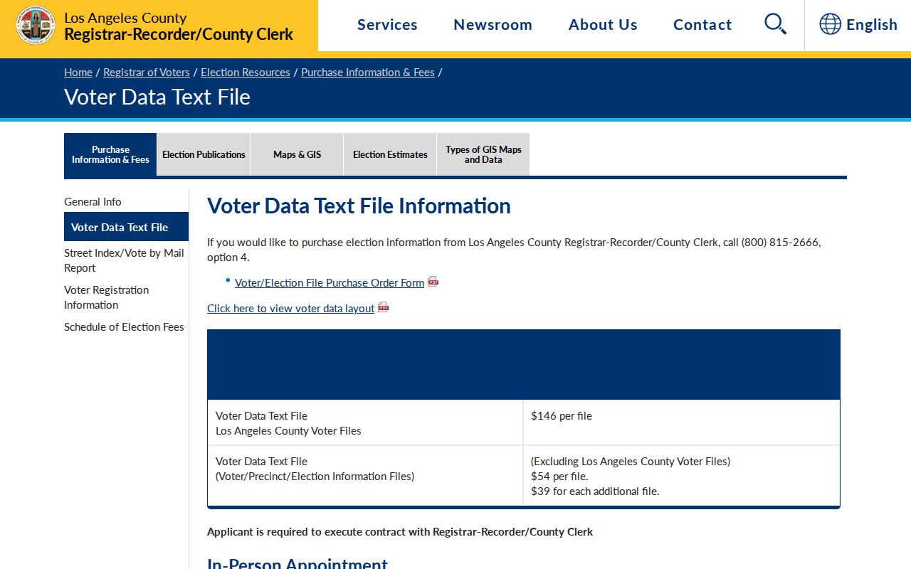 Lancaster voter records data text file purchase page from Los Angeles County